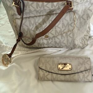 Michael Kors Cream and Brown Logo Tote with Matching Wallet
